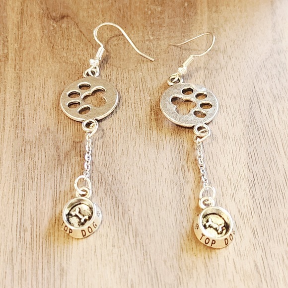 Handmade Jewelry - Silver Paw Print Top Dog Bowl Dangle Earrings Puppy Animal Lover Hook Drops